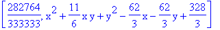 [282764/333333, x^2+11/6*x*y+y^2-62/3*x-62/3*y+328/3]